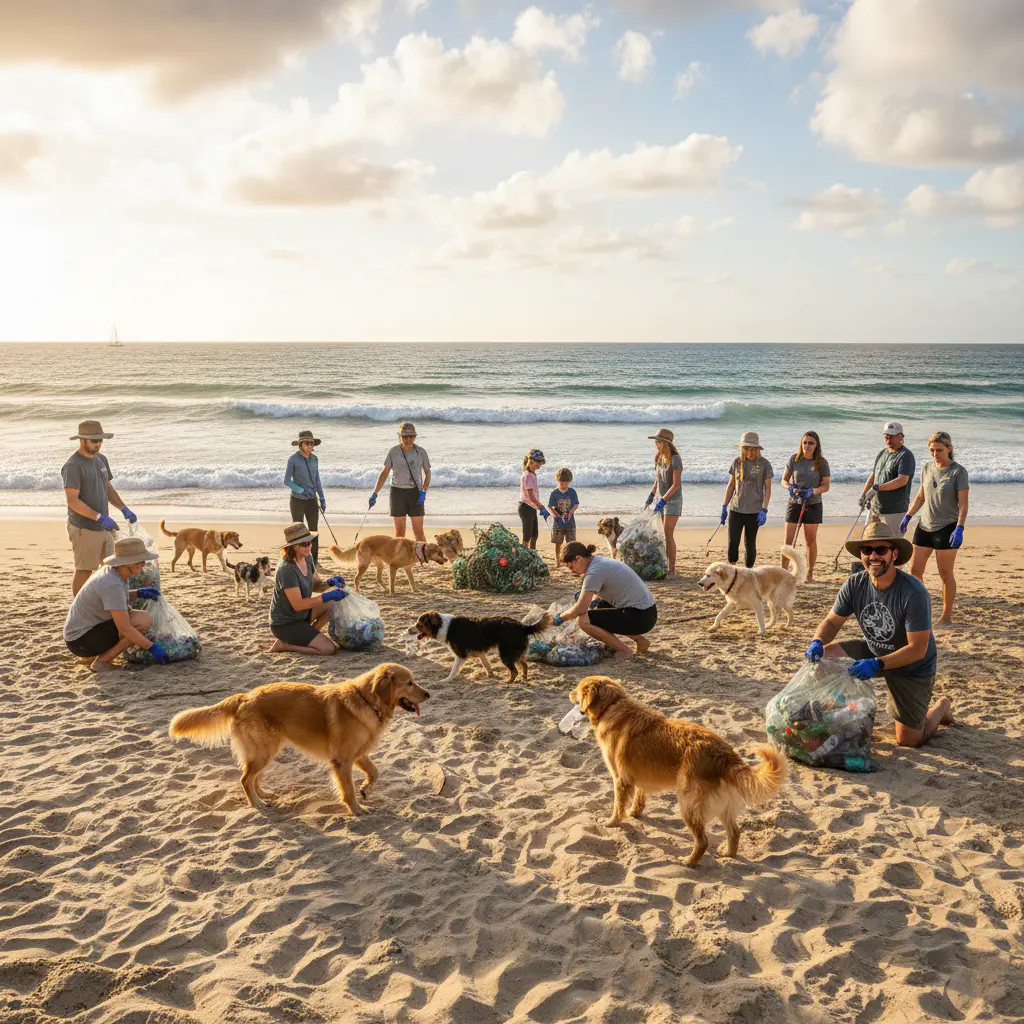 Community cleaning the beach with dogs