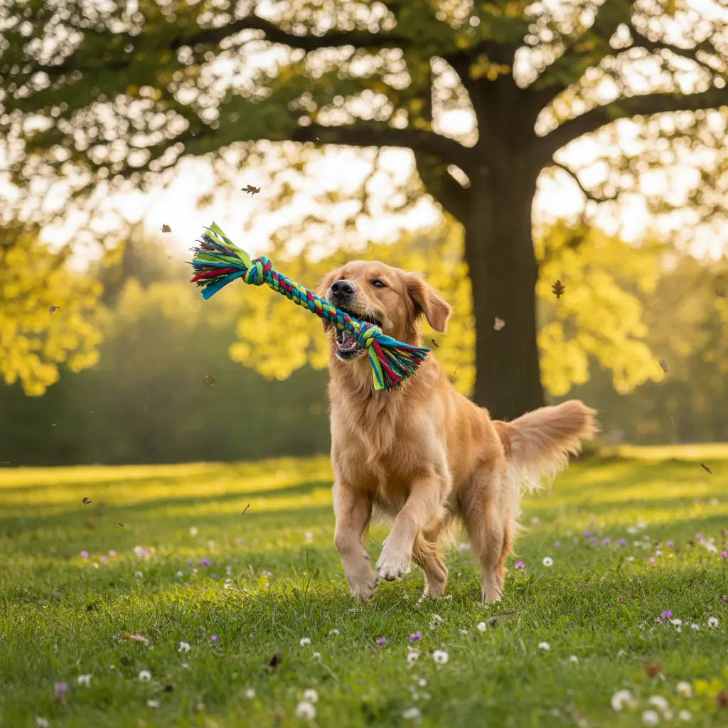Dog with a vibrant eco-friendly toy