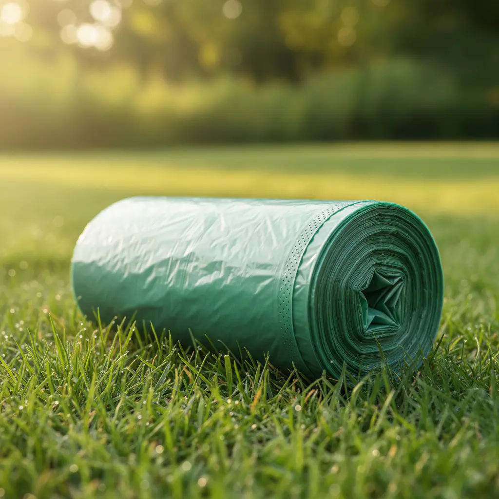 A roll of biodegradable waste bags on green grass