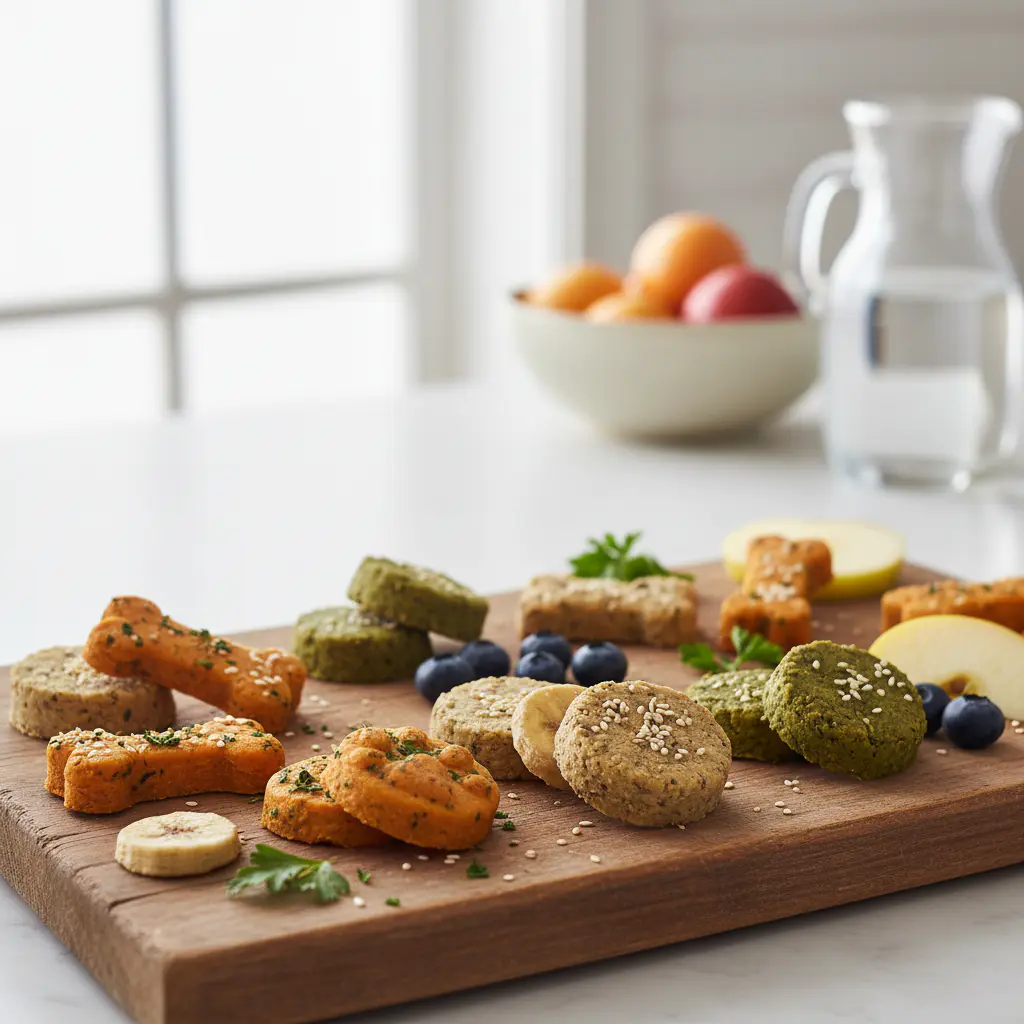 Healthy vegan dog treats arranged on a wooden board