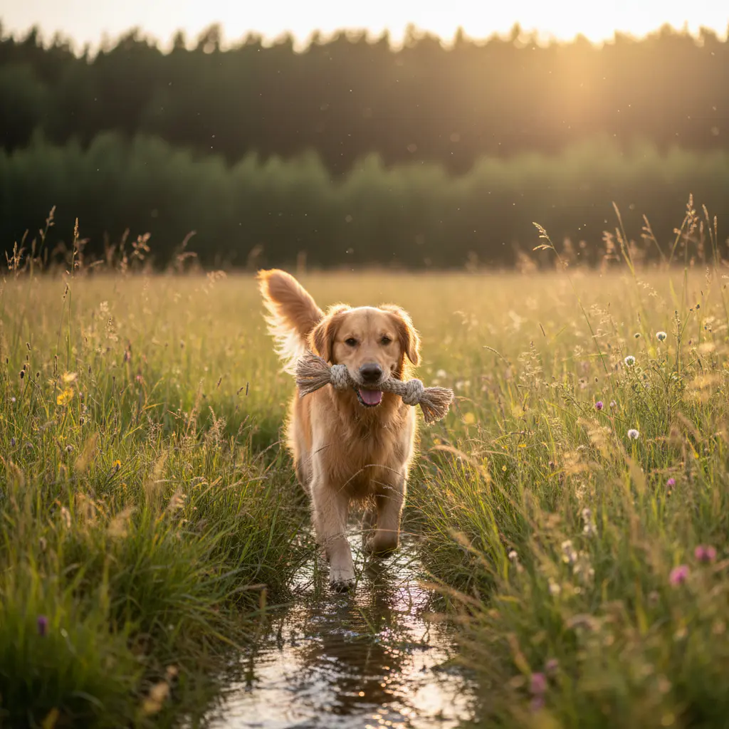 Happy dog in nature with an eco-toy