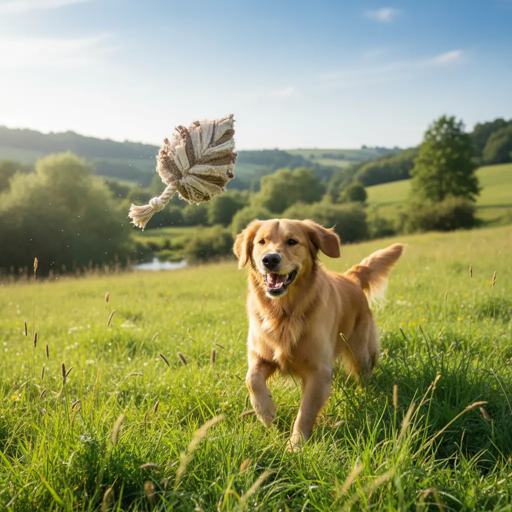 Happy dog playing with an eco-friendly toy in a lush green field