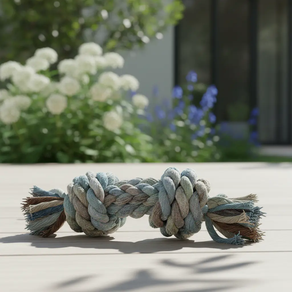 Tough knotted tug toy made from recycled materials
