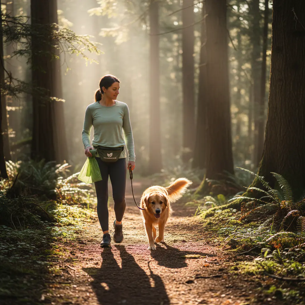 Person walking dog in forest carrying eco-friendly waste bags